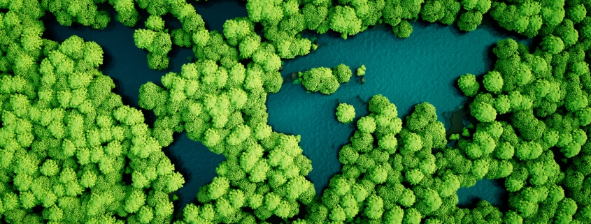 Rainforest lakes in the shape of world continents. Environmentally friendly sustainable development concept. 3D illustration.